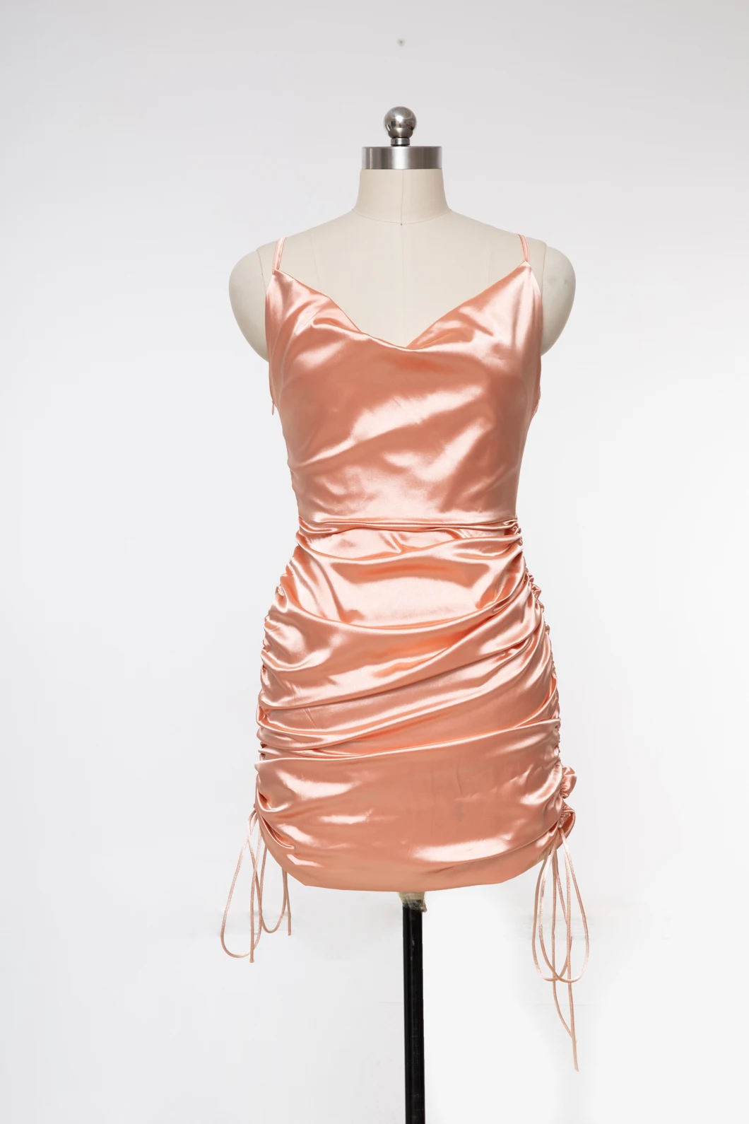 DIWU Ruched Satin Summer Dress Drawstring Spaghetti Straps Cowl Neck Backless mini Dresses for Women Party Sexy Vestidos 2022