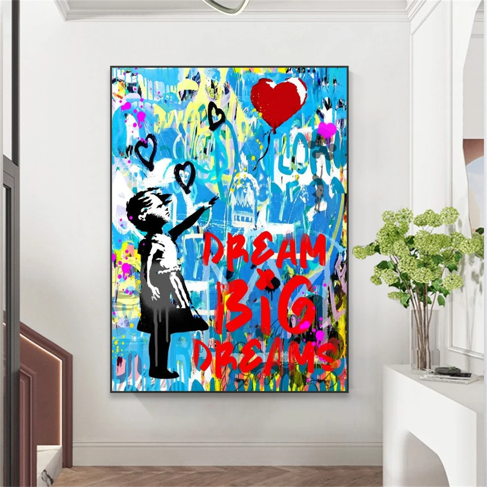 Современные граффити художественные принты девушка с воздушным шаром сон большая мечта Печать поп-улица картина маслом Большая Картина на холсте Декор для комнаты