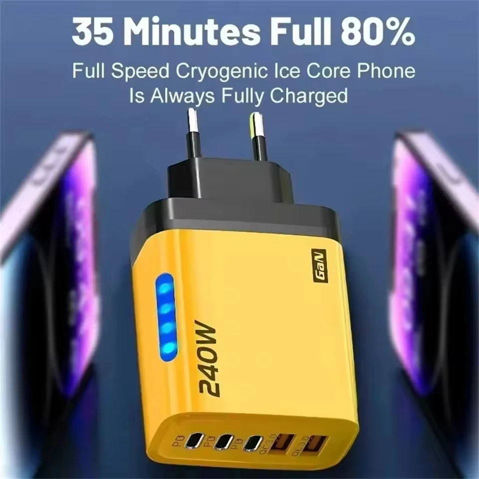 240W GaN USB C Charger 5 in 1 Fast Charging Phone Charger Power Adapter For iPhone Samsung Xiaomi Type C EU/US Plug Wall Charger 4