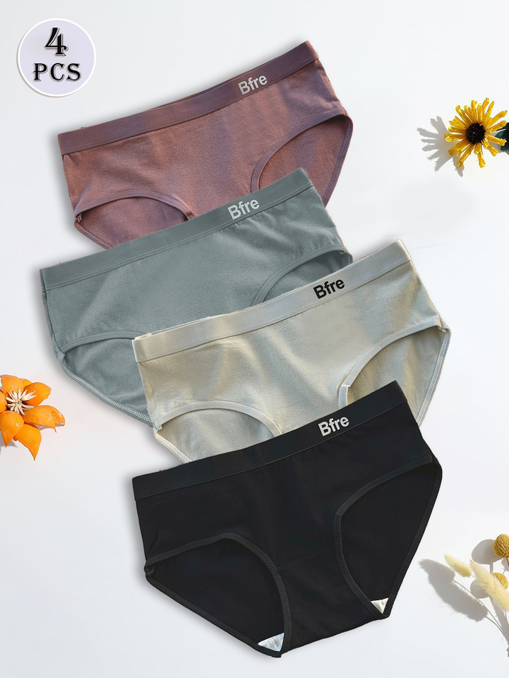 4PCS Casual, Sporty, Simple Letter, Solid Color Women's Cotton Panties, Vacation Party,  Comfortable Women's Triangle Panties.
