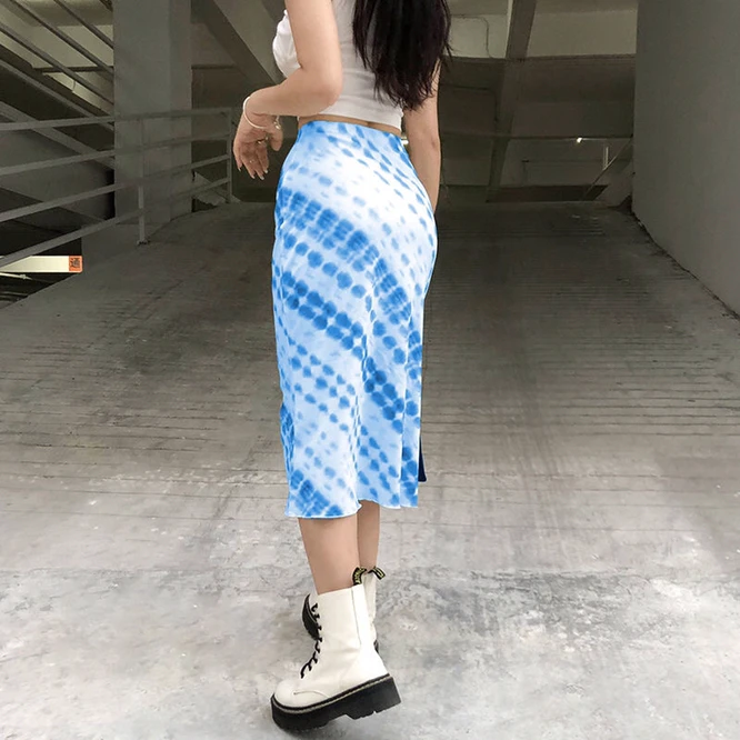 Spring  Summer New Fashion Tie Dyed Halflength Skirt Women's Skirt High Waist Long Skirt Leisure Girl Hip Wrap Skirt Green pink skirt