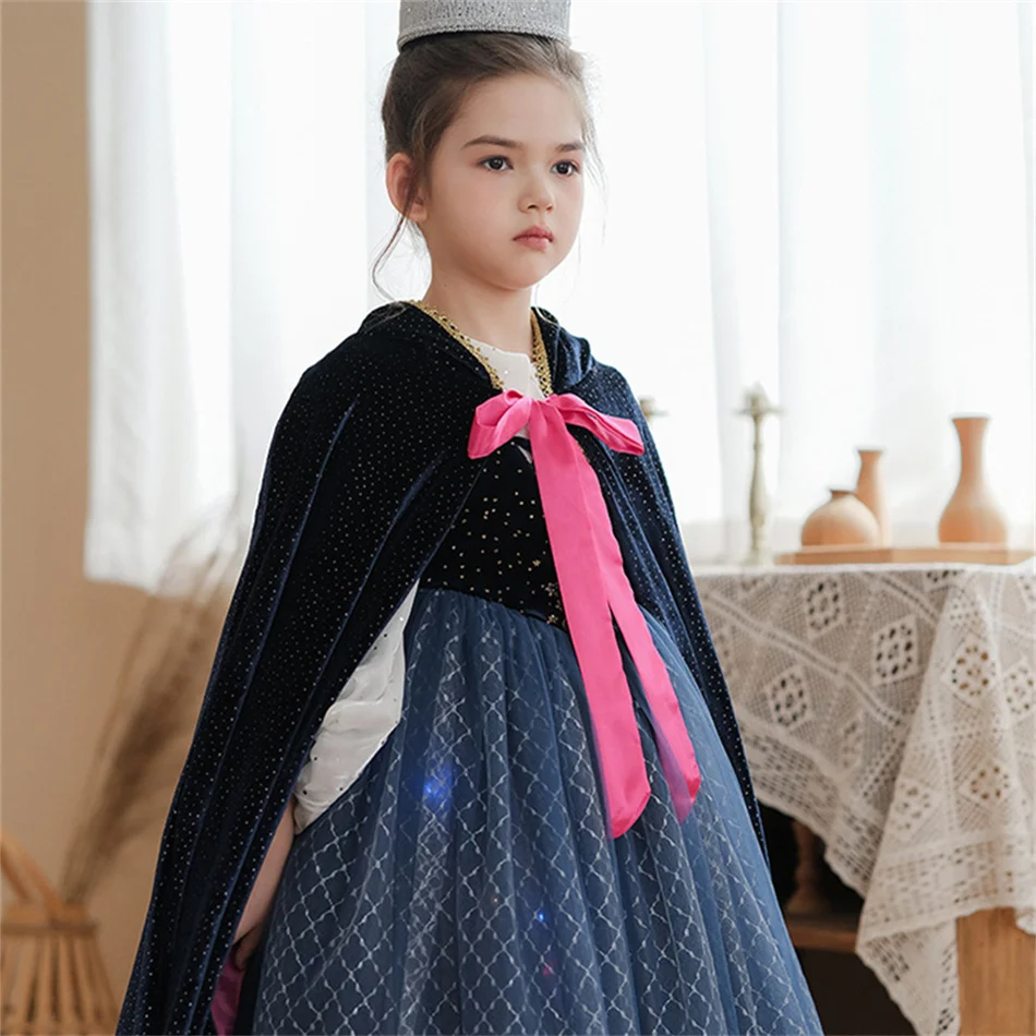 Anna Role Play Princess Hooded Cape Girl Print Cloak Kid Cosplay Birthday Carnival Halloween Party Charm Shiny Costume Accessory