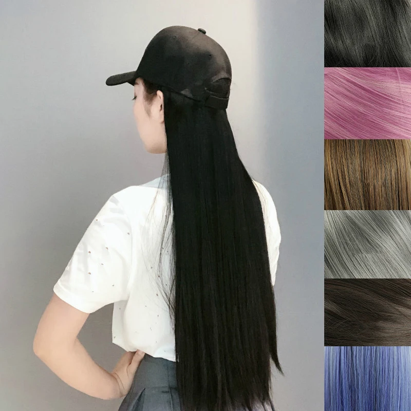 Fashion Black Baseball Cap With Wig One Piece Women Summer Synthetic Long Straight Hair Adjustable Hat Wig