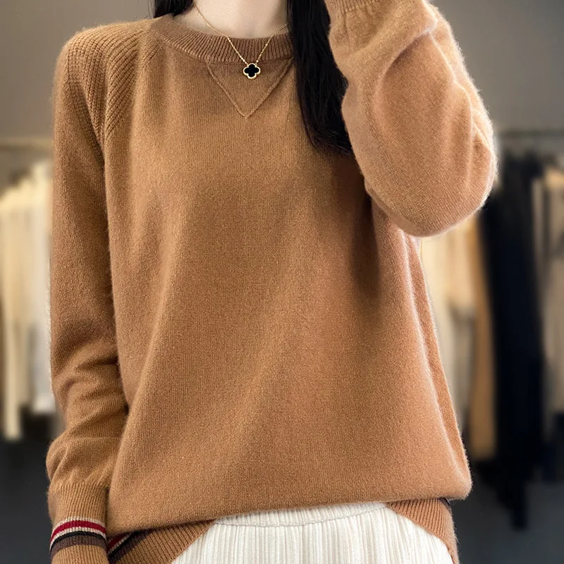 

2023 Winter And Autumn Cashmere Pullovers For Women 100% Pure Wool Knitted Jumpers New Fashion O-neck Color Block Tops