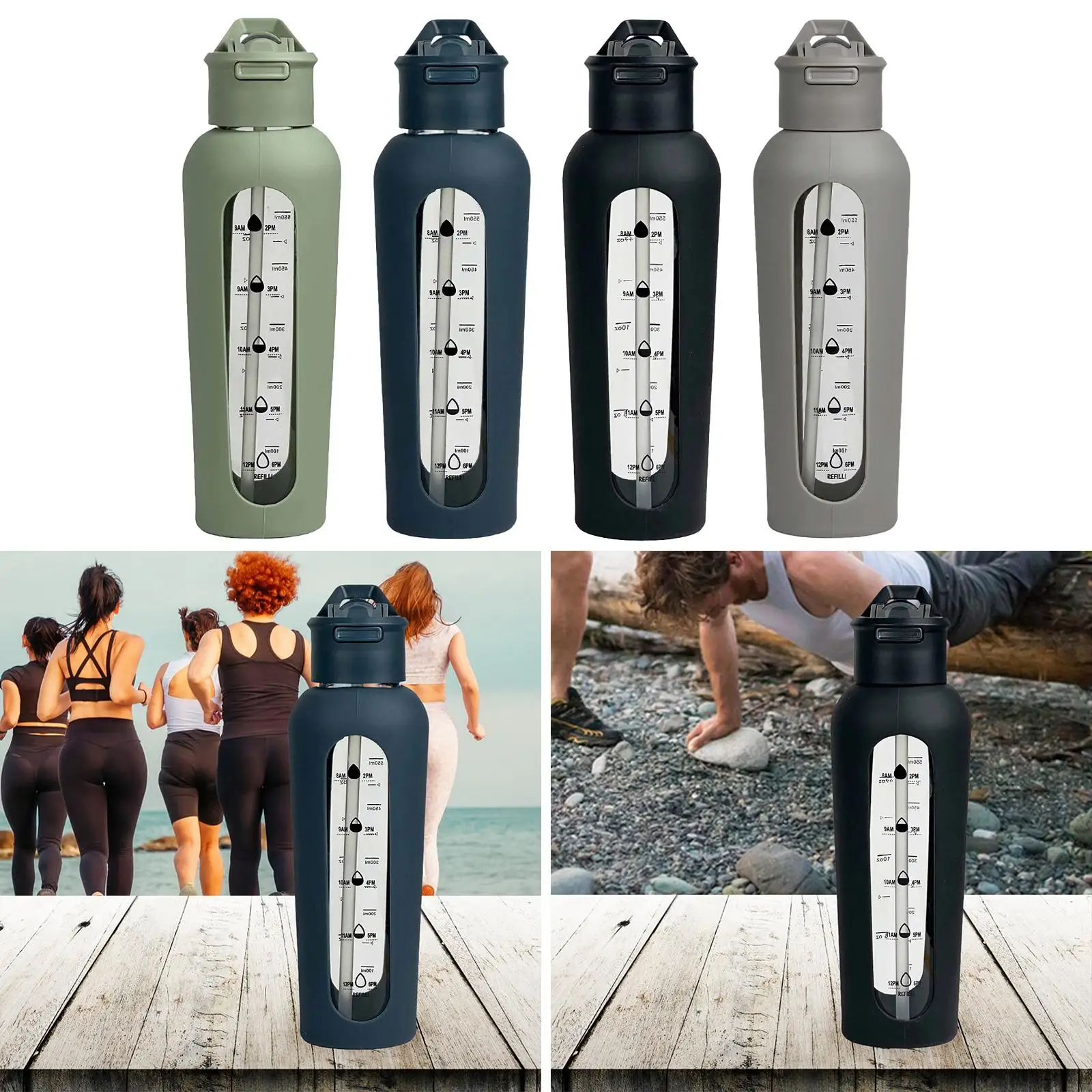 Glass Water Bottle with Silicone Sleeve Sports Bottle for Gym Travel Fitness Glass Water Bottle with Silicone Sleeve Sports Bottle for Gym Travel Fitness