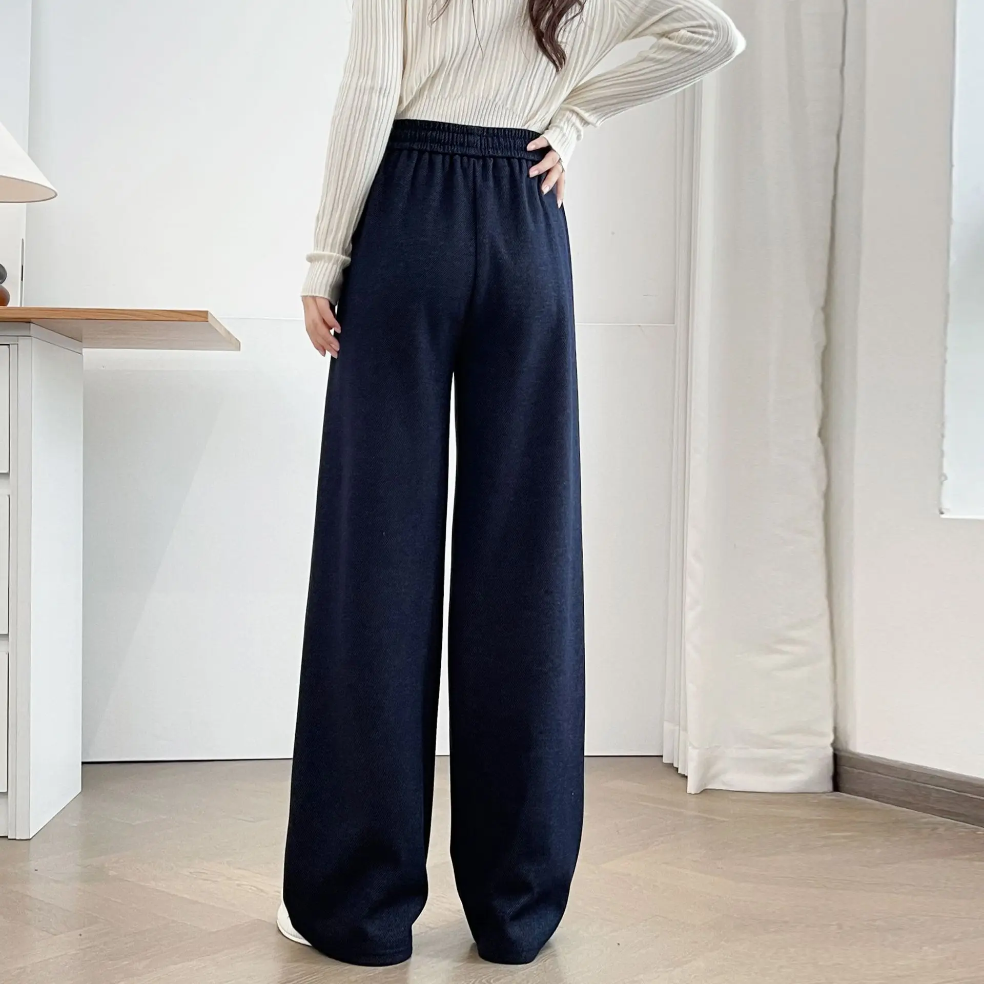 XXXXL Fashion Plus Size Women's Straight  Pants 2025 Winter New Style Simple Drawstring Waist Casual Fleece Warm Trousers 5008