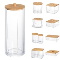 Acrylic storage box bathroom basin makeup organizer circular cotton swab holder QTip dispenser with bamboo cover 1