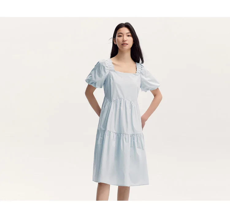 Dress Women Gentle And Feminine Style With Ruffled Trim And Square Neckline Summer New Bubble Sleeves Doll Dress