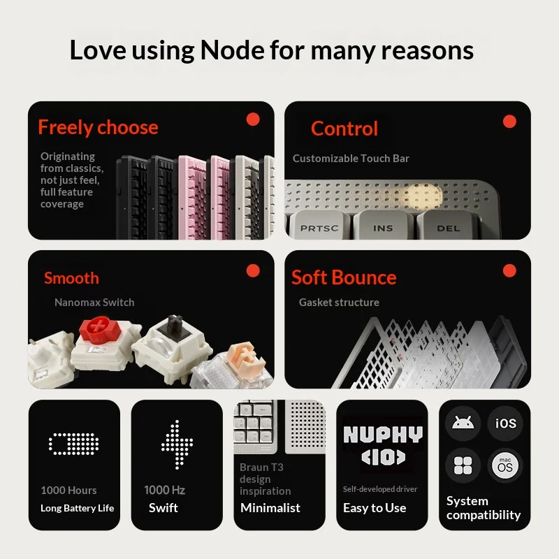 NuPhy Node100 로우 프로파일 기계식 키보드 100% 무선 블루투스/2.4G/유선 트리플 모드 RGB 키보드 사무실 및 게임용