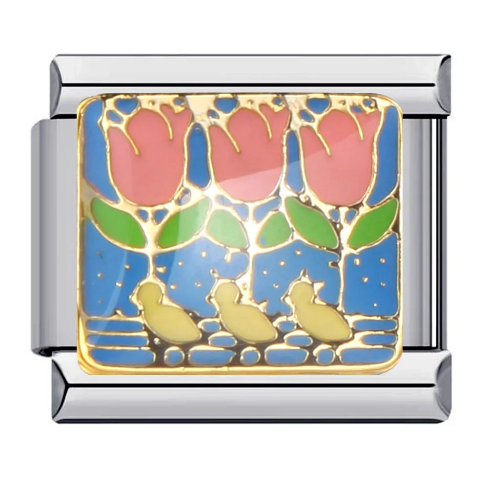 Colorful Glaze Floral & Fish Charm Stainless Steel Bracelet