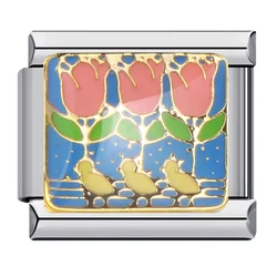 Colorful Glaze Floral & Fish Charm Stainless Steel Bracelet (Silver Plated)