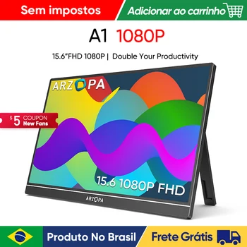 [produto no brasil] Novo ARZOPA 15.6 inch FHD Monitor Portátil 1080P Tela IPS de Exibição Externa com USB-C mini-porta HDMI para Laptop Mac PC Xbox PS Switch,com Suporte Embutido,A1