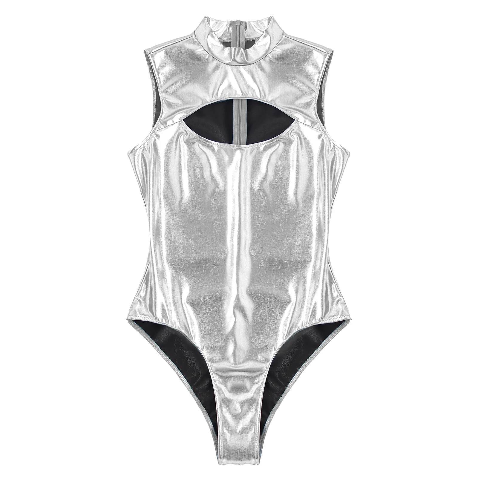 Mens Metallic Bodysuit Front Cutout Mock Neck Sleeveless Zipper Leotard Jumpsuit for Man Bar Clubbing Pool Party Clubwear