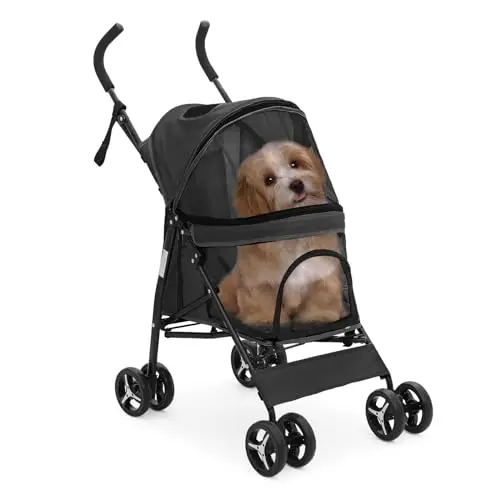 

4 Wheel Pet Stroller, Easy Folding Puppy Crate Jogging Stroller with Sun Cover, Suitable for Small to Medium Pets up to 22 lbs