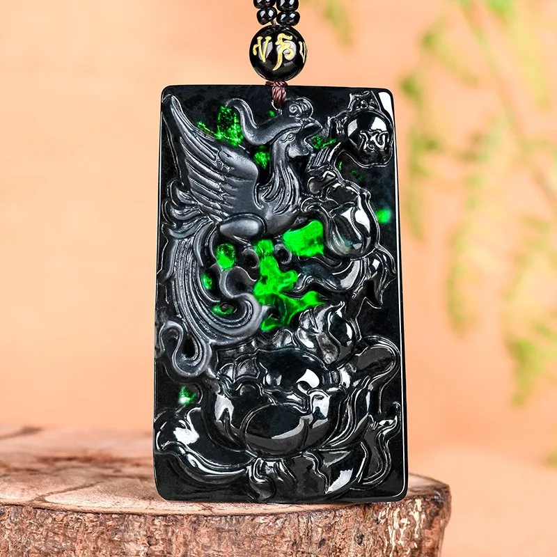 Natural Burmese Black Emerald Phoenix Peony Pendant Necklace Hand-carved Fashion Charm Real Jade Jewelry Amulet Gifts for Women