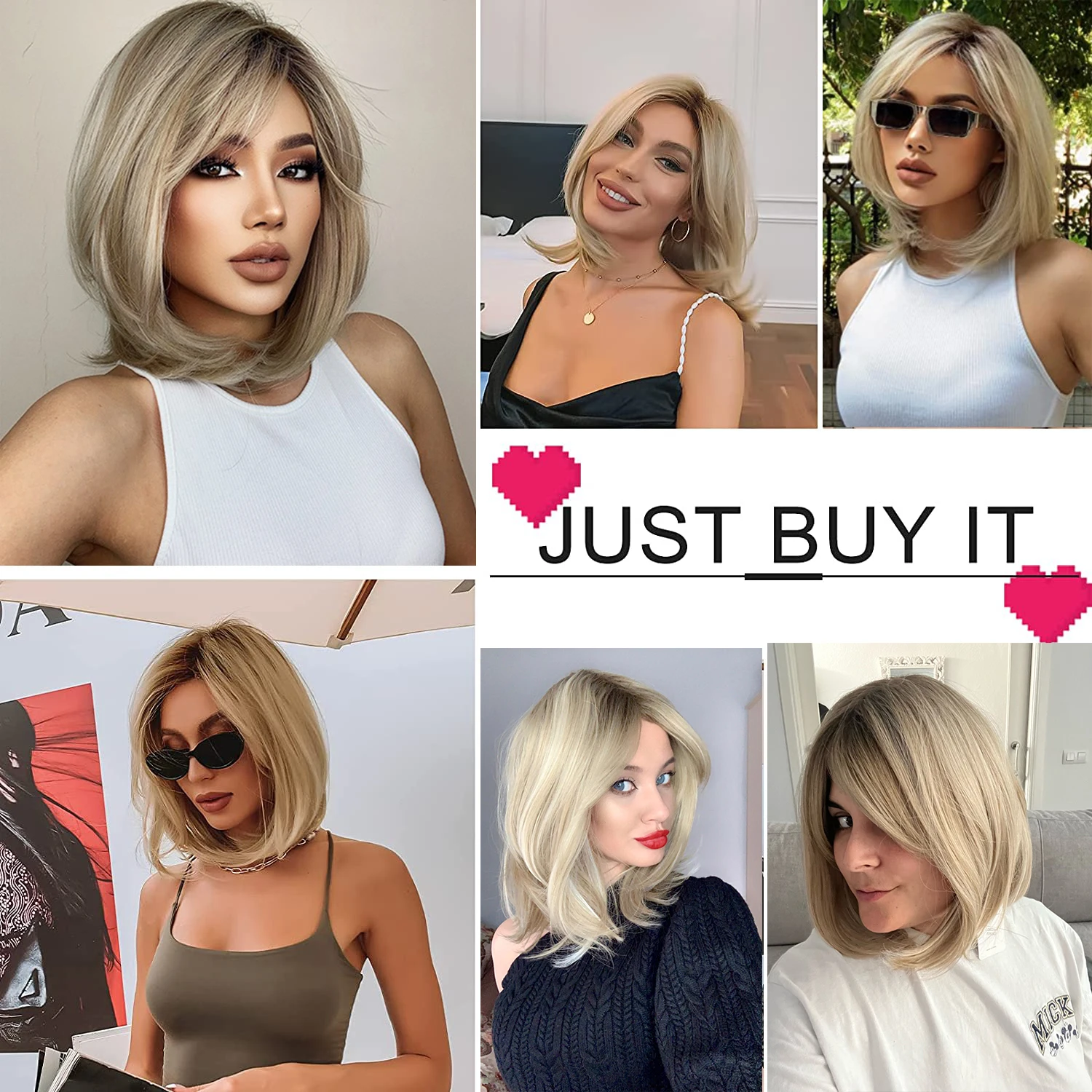 LOUIS FERRE Blonde Short Layered Straight Wigs Ombre Blonde Side Parting Synthetic Hair Wig Natural Looking Heat Resistant Fiber