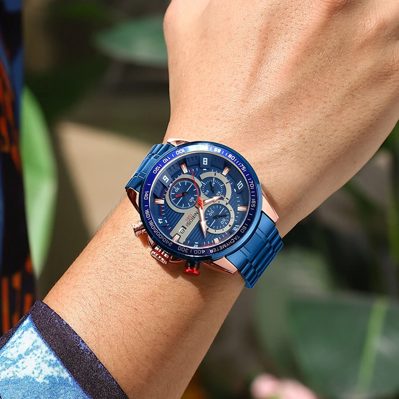 NIBOSI New Fashion Blue Quartz Watch for Men Stainless Steel Waterproof Sport Chronograph Mens Watches Top Brand Luxury Clock