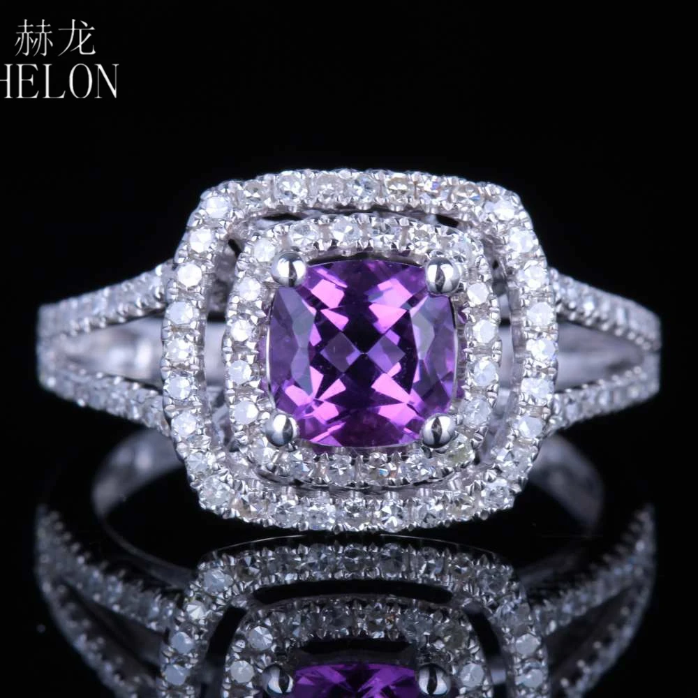 

HELON Flawless 6.5mm Cushion Natural Amethyst Solid 14K 10K White Gold Ring Real Diamonds Engagement Wedding Ring Women Jewelry