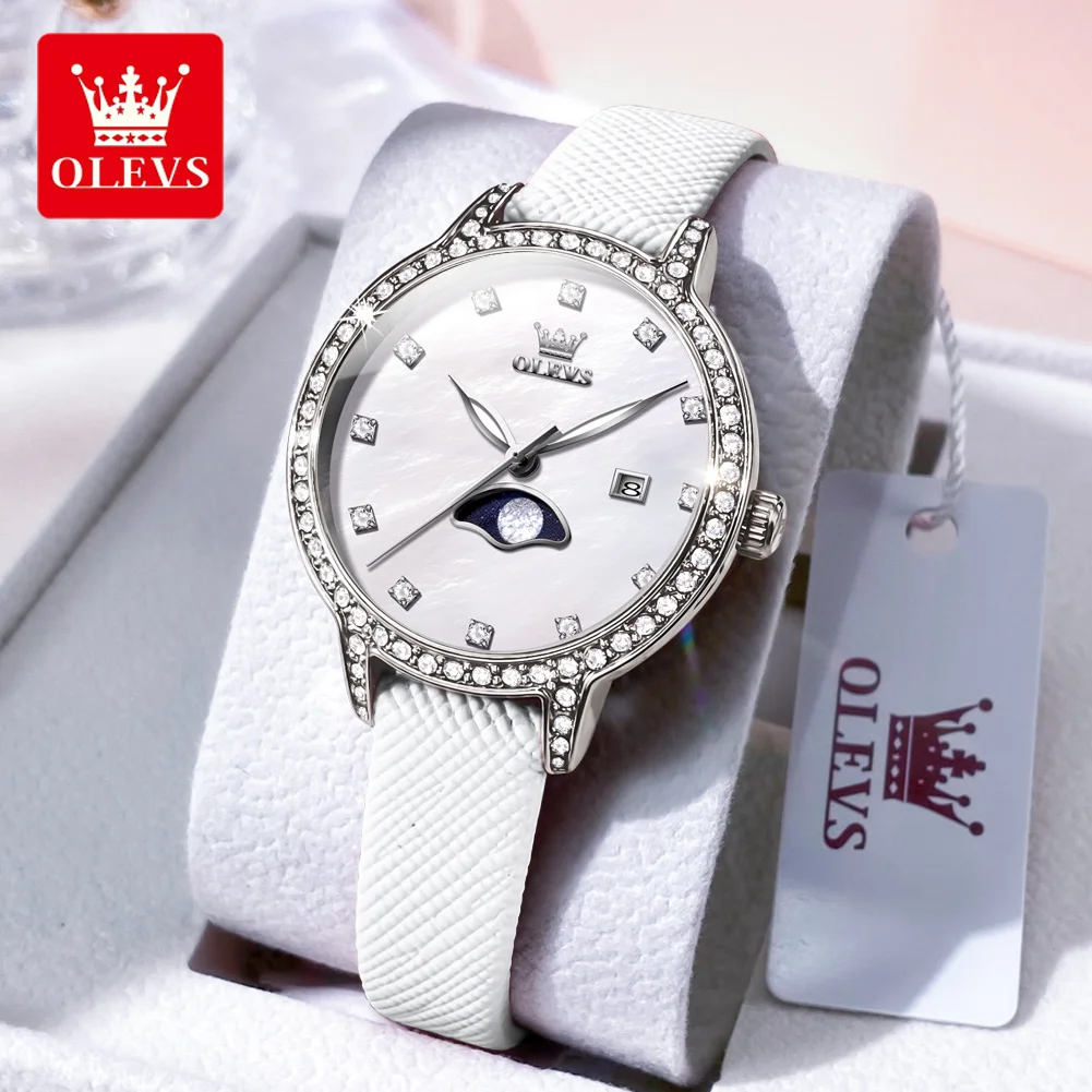 OLEVS Diamond Inlay Quartz Watch for Women Comfortable Leather Strap Women's Watches Simple Dial Waterproof Elegant Wristwatches