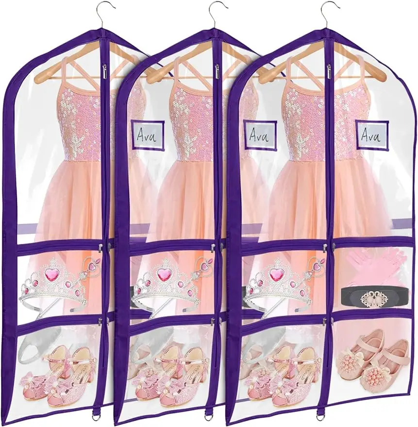 

PVC Dance Costume Bags (3 Pack) Garment Bag 40 Inch for Dance Competitions, with 4 Medium Clear Zipper Pockets