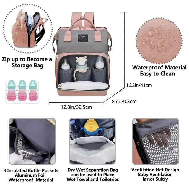 Mommy Baby Diapers Bags Backpack Changing Pad Shade Mosquito Net USB Charging Stroller Hanging Pocket