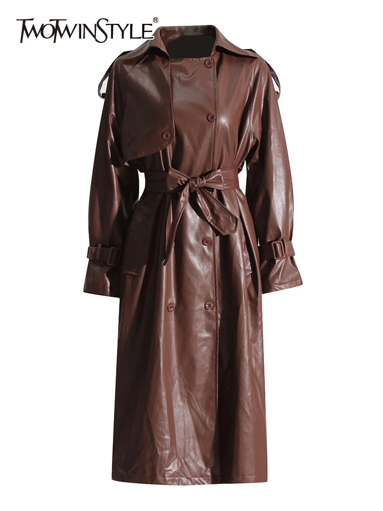 

TWOTWINSTYLE Solid Patchwork Lace Up Loose Leather Trench For Women Lapel Long Sleeve Spliced Double Breasted Trenches Female