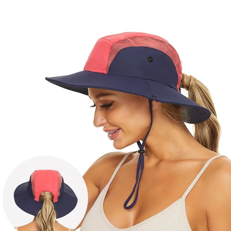 

Women's Girls' Bucket Caps Outdoor UV Protection Foldable Sun Hats Mesh Wide-Brim Beach Fishing Hat with Ponytail Hole