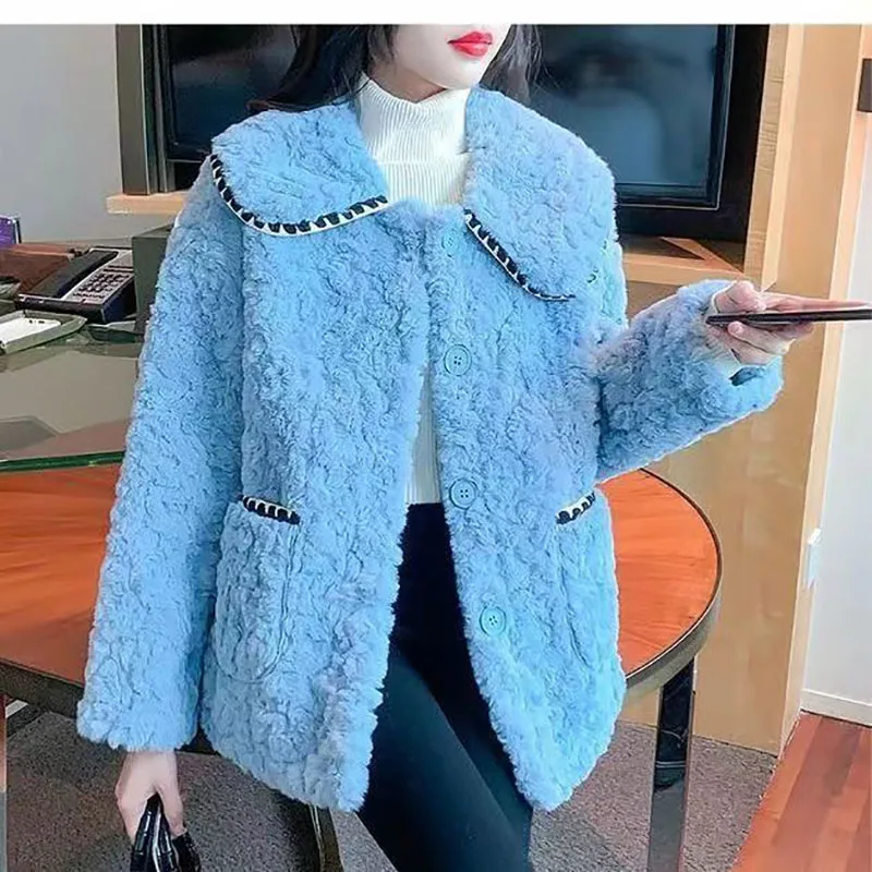 New Fashion Autumn And Winter Small Short Doll Neck Lamb Plush Coat For Women's Sweet And Versatile High Quality