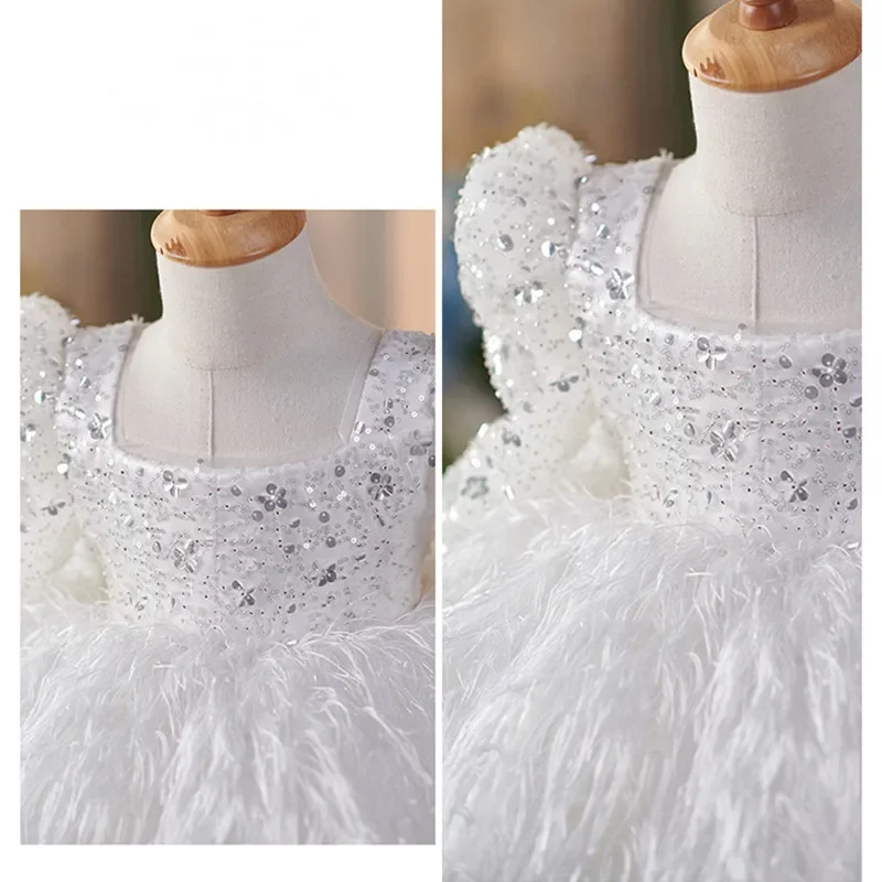 Bridesmaid Dress for Flower Girls Princess Weddings Luxurious Kids Sequin Hostess Costume Matching Children Feather Gown Outfit - 5