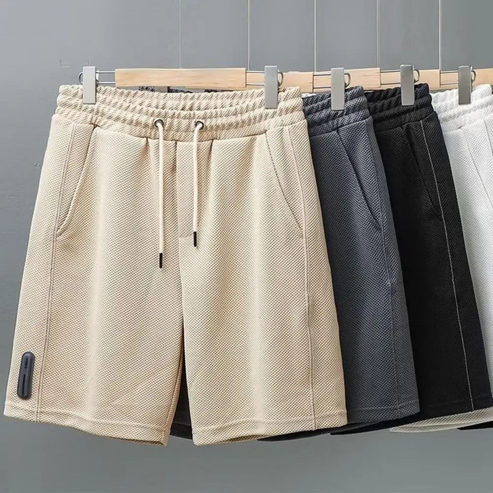 

Men Summer Shorts Straight Solid Color Mid Waist Waffle Texture Loose Daily Wear Deep Crotch Drawstring Men Shorts Male Clothes