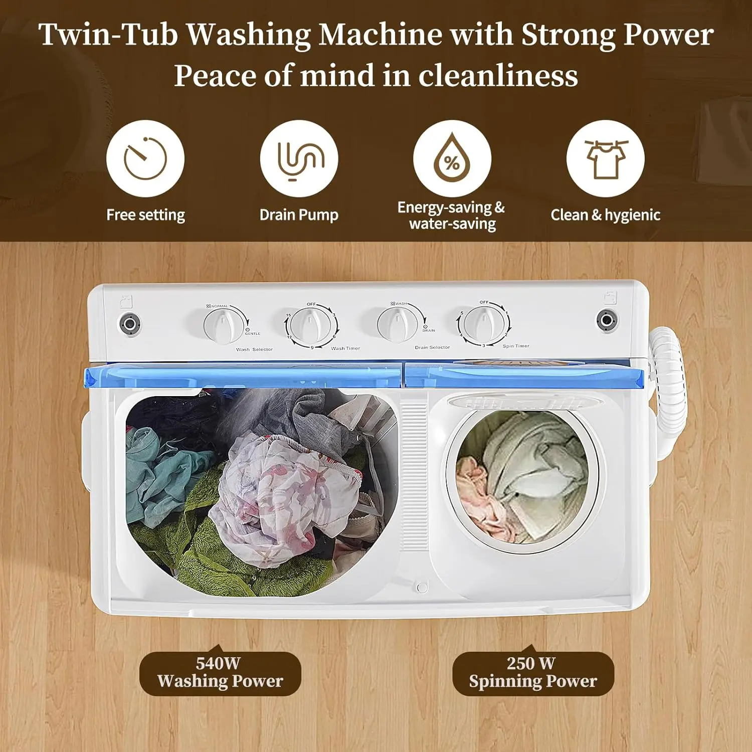 Washing Machine, Twin Tub Washing Machine Laundry Compact Washer spinner Combo with 40lbs capacity, 24Lbs Washer and 16 4