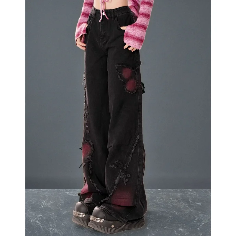 여성용 블랙 고딕 배기 청바지, 하라주쿠 Y2k 미적 나비 데님 바지, 한국 진 바지, 빈티지 2000 년대 쓰레기 옷