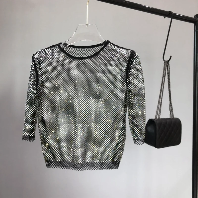 

Women Sparkly Diamond Fishnet Crystal Tops Ladies Sexy See Through Hollow T-Shirts Female Nightclub Party Dancing Bling Shirts