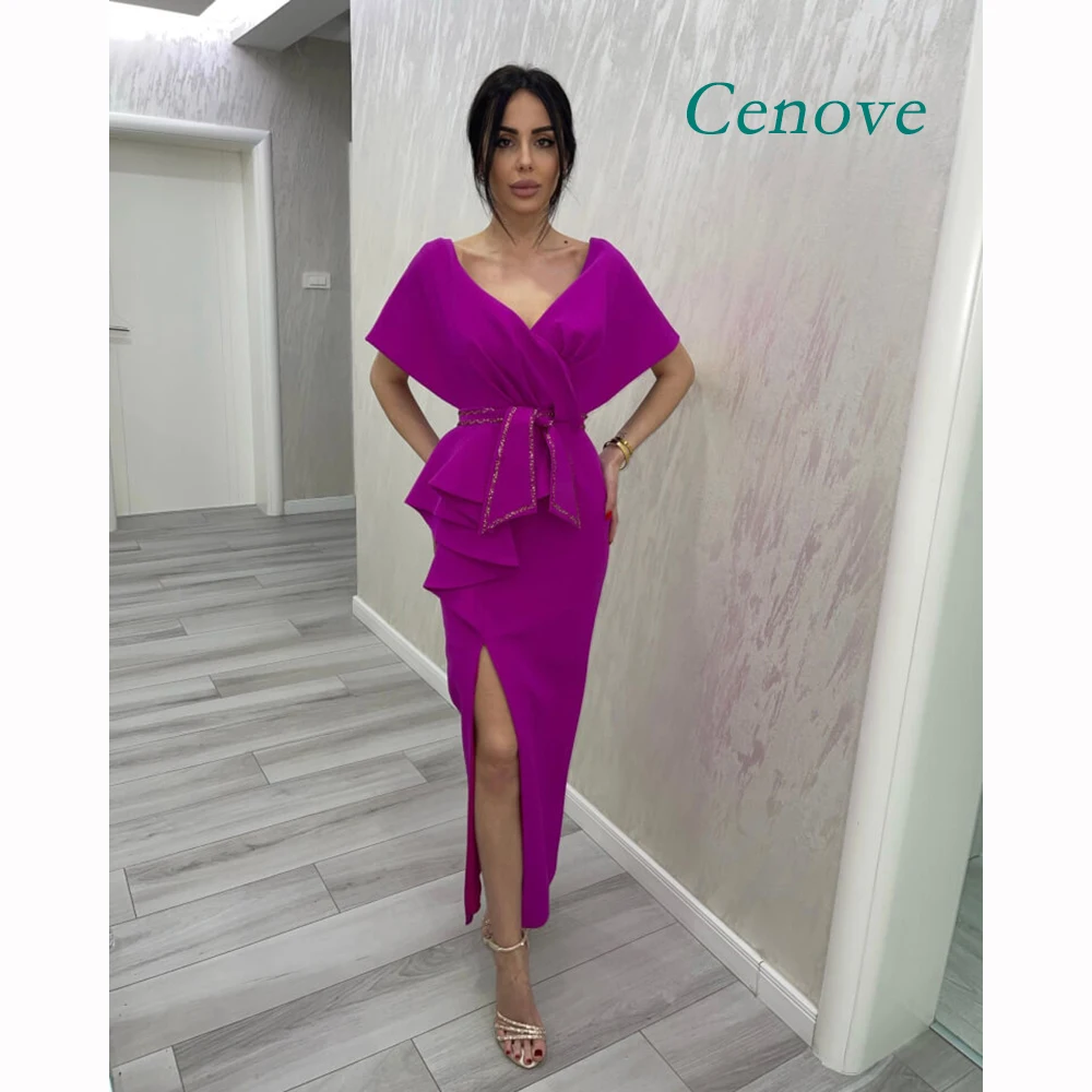 

Cenove Purple Summer Prom Dress V Neck Short Sleeves Evening Dress Sash With Bow Elegant Party Dresses For Women 2023