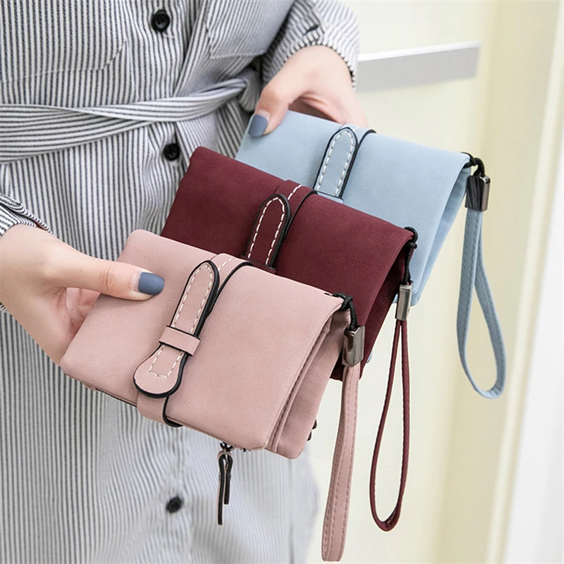 

Multifunction Short Purse Fold Women Wallets Drawstring Nubuck Leather Zipper Wallet with Wrist Strap Ladies Female Clutch