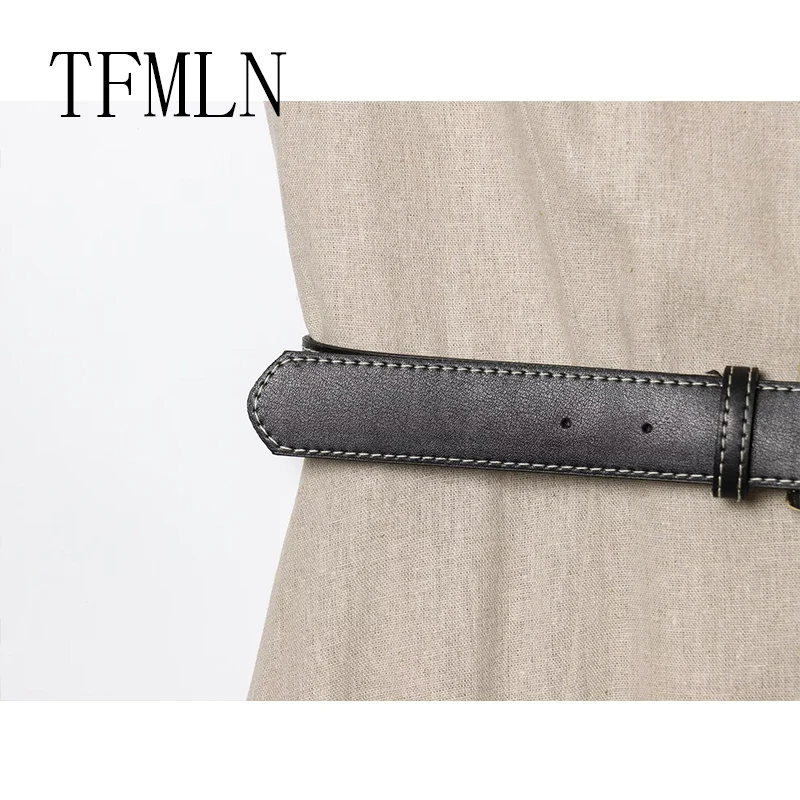 TFMLN New Fashion Women Midi Dress With Belt Spring Autumn V-Neck Sleeveless Female Chic Vintage Dresses Elegant OL Streetwear