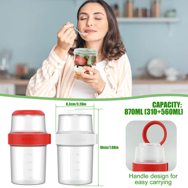 Tasses à flocons d'avoine pour petit déjeuner, 2 pièces, céréales, noix, yaourt, salade, pot, tasse à Sauce, couvercle, Bento Tuppers, bol alimentaire, boîte à déjeuner, Gadget de cuisine 3