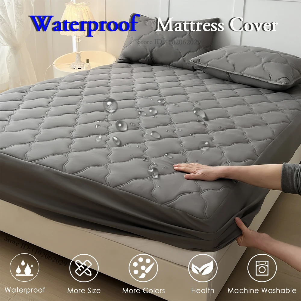 Waterproof Throw Mattress Cover Bed Fitted Sheet Mattress Bedspread Protector Pads Single/Double/King/Queen Full Size Gray/White 2