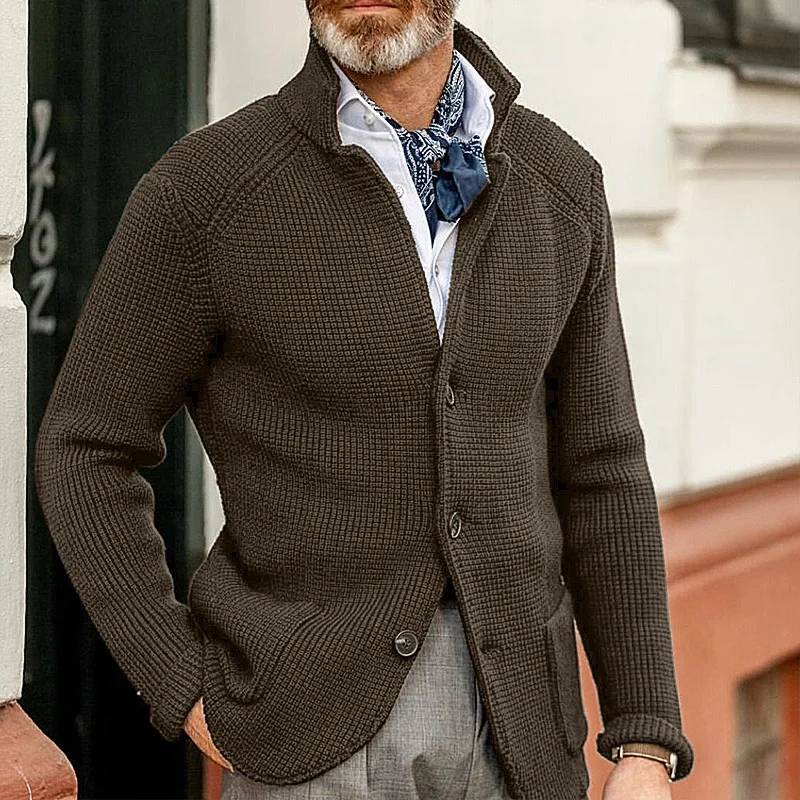 Mens Stand Collar Knitted Coat Long Sleeves Cardigan Sweater Slim Fit Jacket Thick Warm Cardigan Buttons Knited Sweater Men