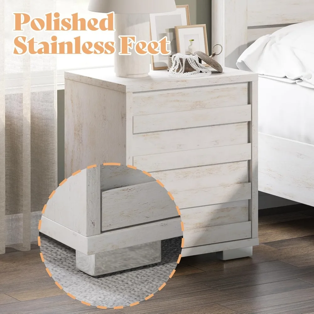 Nightstand Set of 2 with Charging Station, Wood Bedside Table with 2 Drawers, Farmhouse End Table with Slated Handles 4