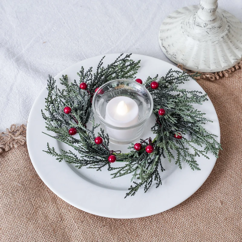 20cm Wedding Table Red Fruits Candle Ring Artificial Leaves Wreath Candle Wreaths Artificial Pine Branches Christmas Home Decor