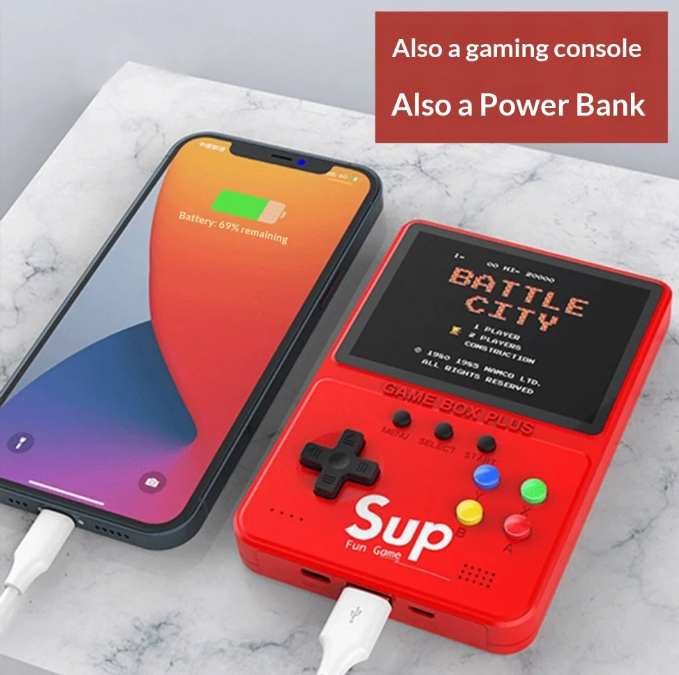 2-in-1 휴대용 게임기 & 5000mAh 보조배터리 500가지 클래식 게임, 2인용 모드 & TV 출력 기능 (여행용)