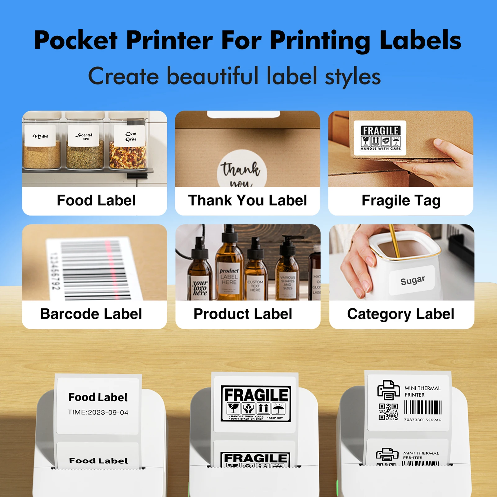 【New】Bluetooth Thermal Label Printer 57mm Instant Sticker Printer for IOS for Android Wireless Connect Support Memo Notes Lists