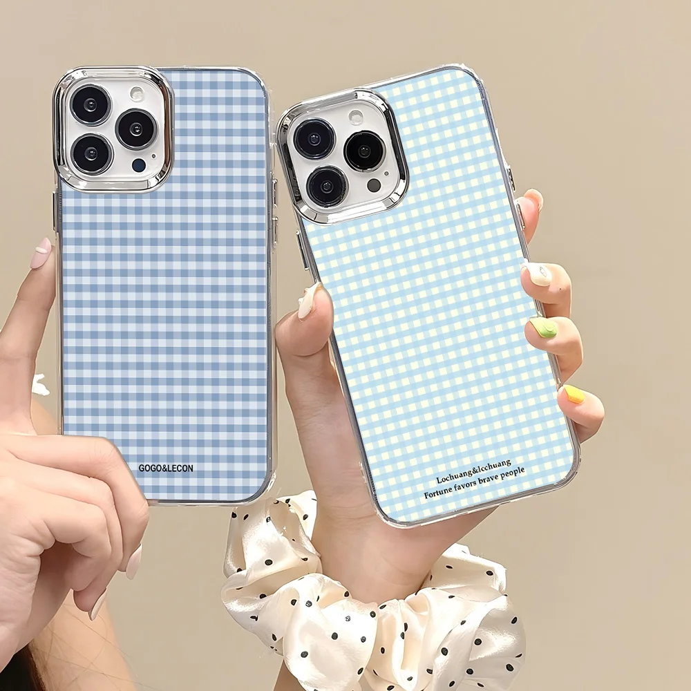 Korean INS Blue Checkered Grid Pattern Phone Case