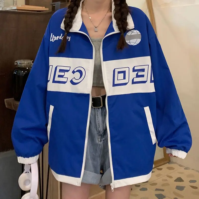 2023 New Spring and Autumn Fashion Academy Style Contrast Loose Fit Sports Outdoor Fashion Brand BF Work Zipper Jacket Coat