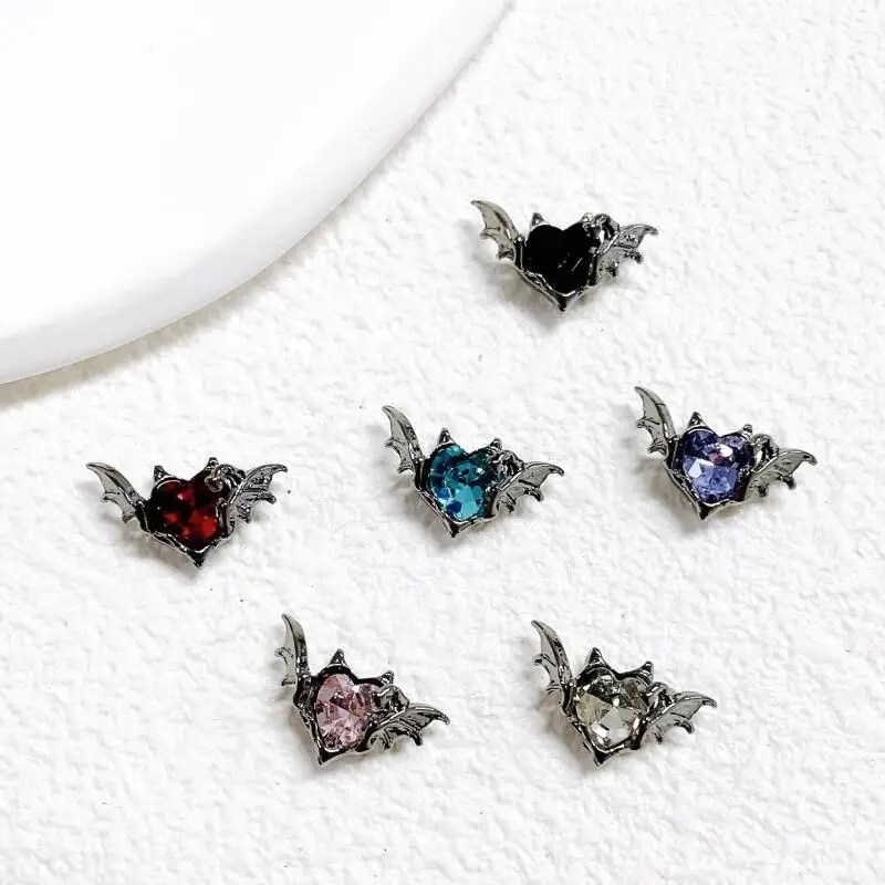 10pcs Gothic Punk Style Alloy Bat 3Heart D Nail Art Charms Spider Design For Halloween Nails Decoration Accessories