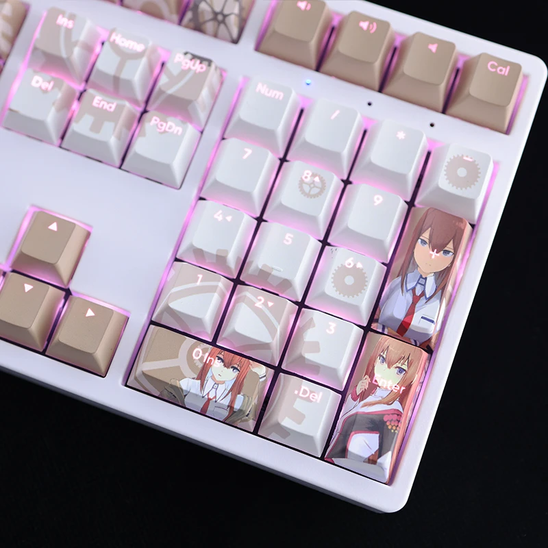 Chaves Conjunto Steins Gate Makise Kurisu Keycap Pbt Tintura Subbed Backlit Keycaps Anime Gaming Key Caps para Ansi 61 87 104 108 108 - Imagem 4