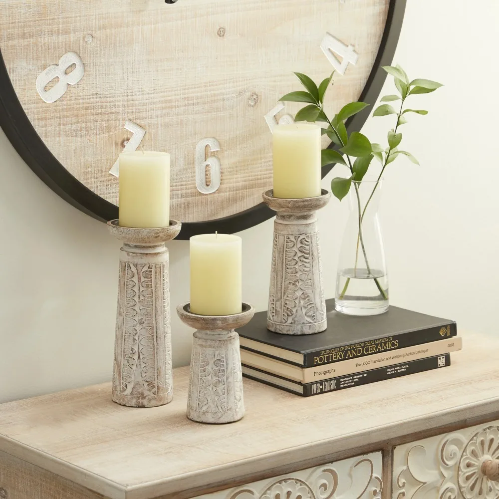 

Candle Holder Set of 3 Candle White Wood Handmade Floral Intricate Carved Pillar Candle Holders Candlesticks for Candles Home