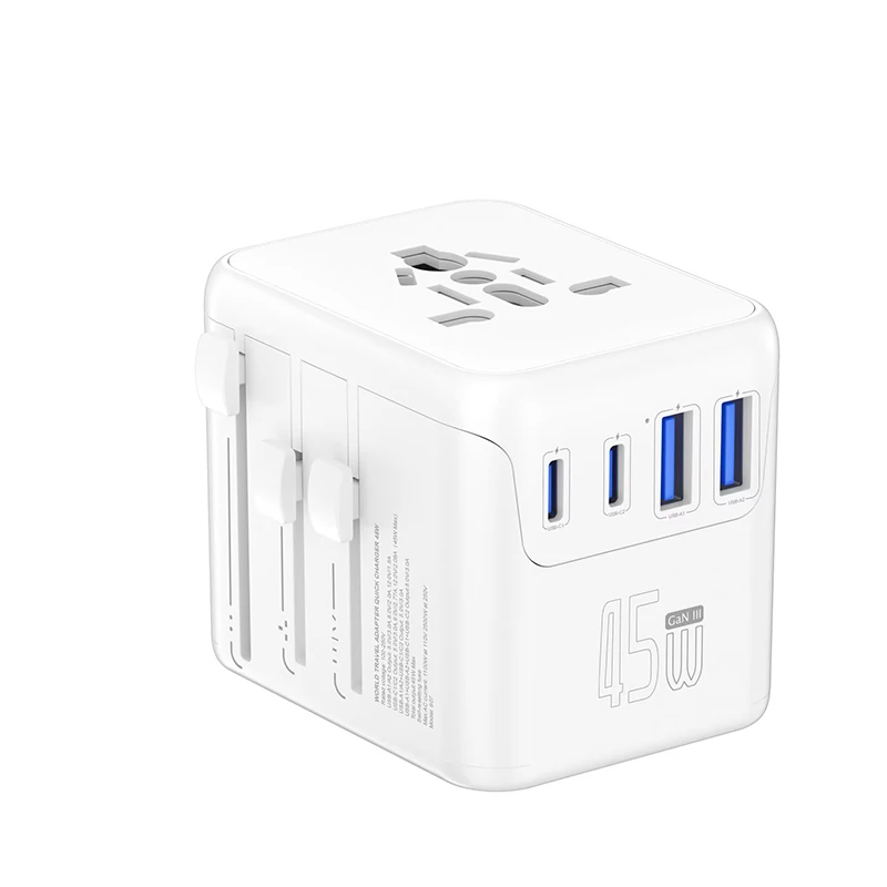 유니버설 여행용 어댑터 2 USB-A 2 USB-C 전세계 여행용 자가 재설정 퓨즈 - 컴팩트 멀티 포트 충전 스테이션