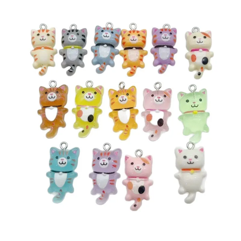 10pcs Mixed Cartoon Cute Cat Design Charms 3D Luminous Resin Animal Pendants For DIY Bracelet Necklace Jewelry Making Accessory